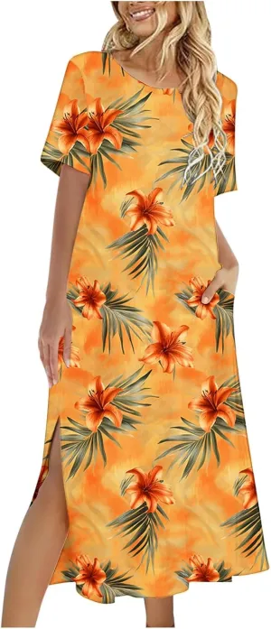 Going Out Dresses for Women 2025 Summer Casual Short Sleeve Midi Dress Floral Print Split Beach Dress with Pockets