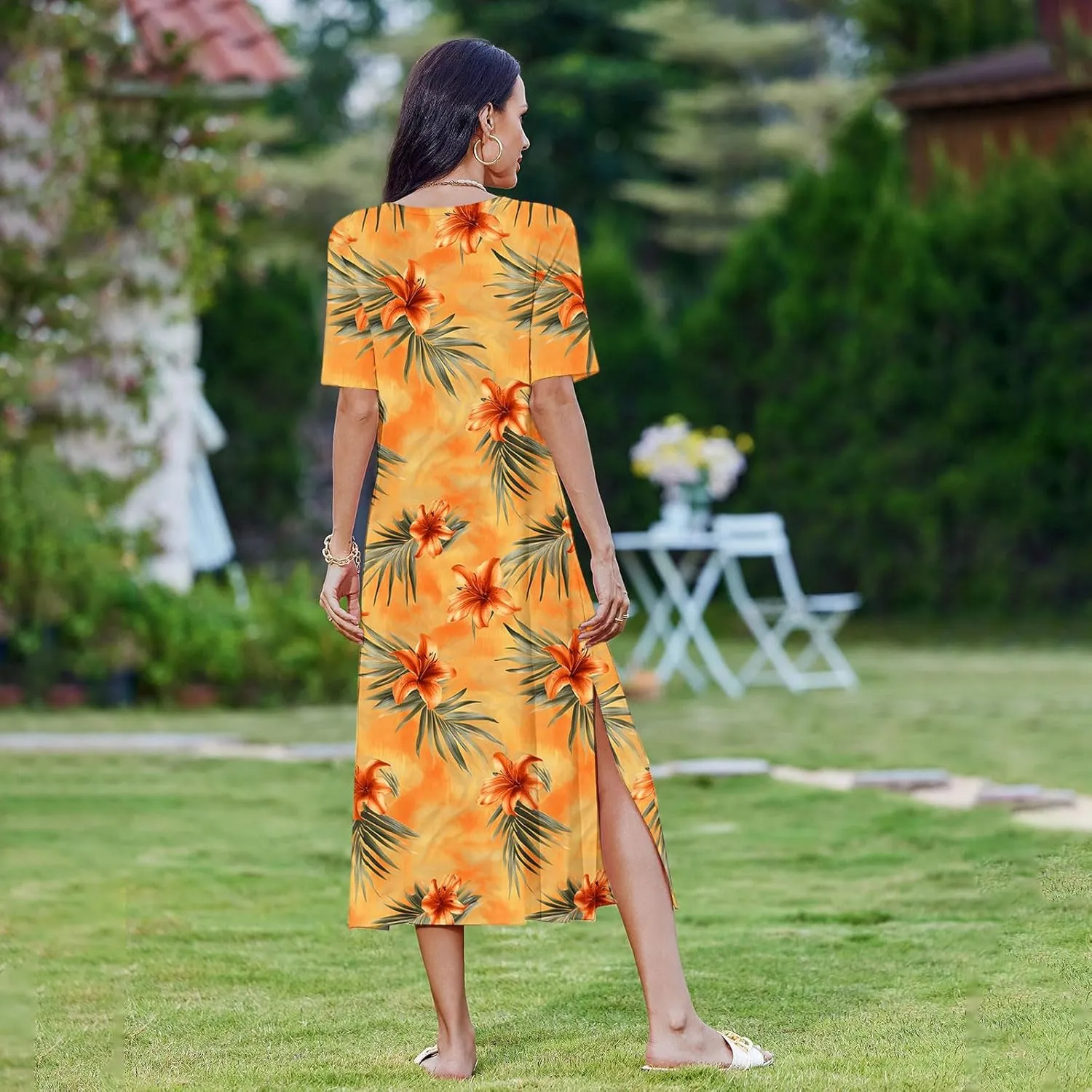 Going Out Dresses for Women 2025 Summer Casual Short Sleeve Midi Dress Floral Print Split Beach Dress with Pockets