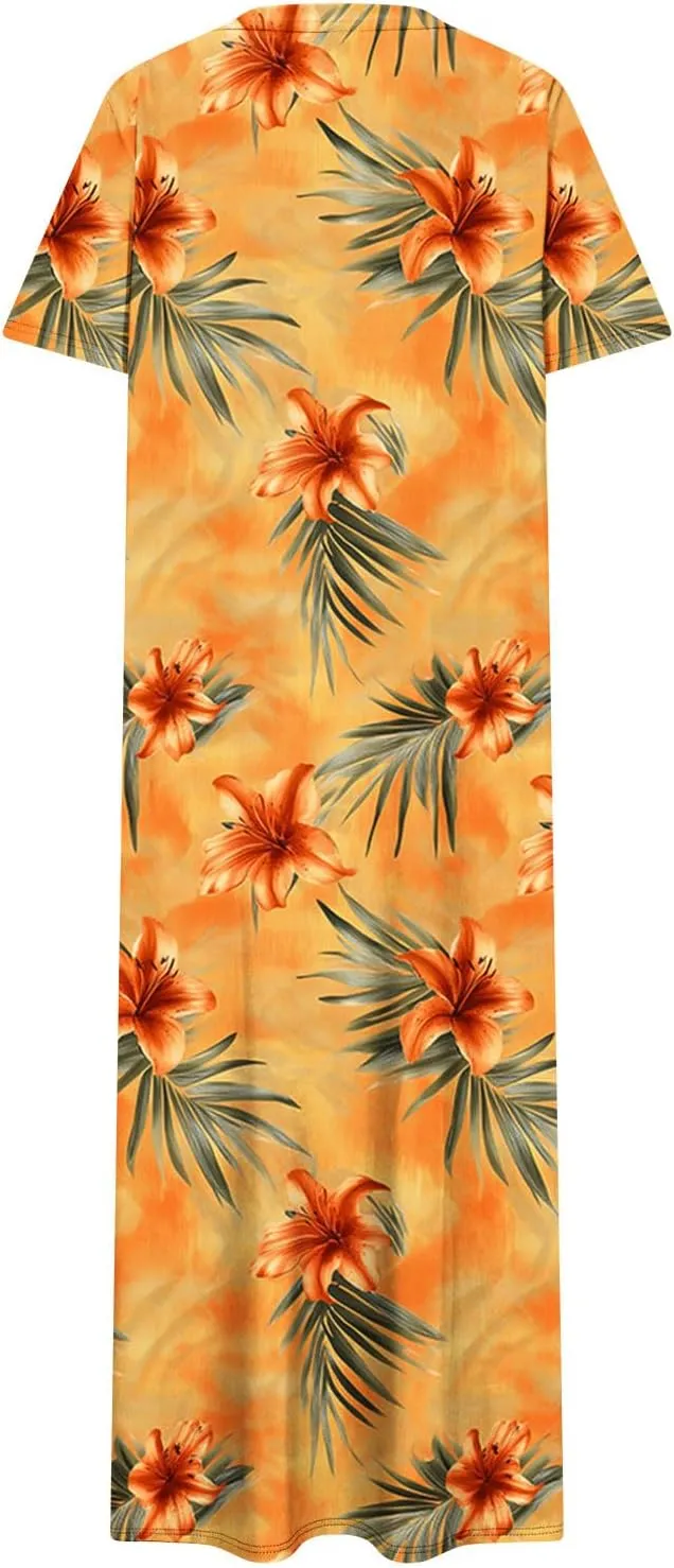 Going Out Dresses for Women 2025 Summer Casual Short Sleeve Midi Dress Floral Print Split Beach Dress with Pockets