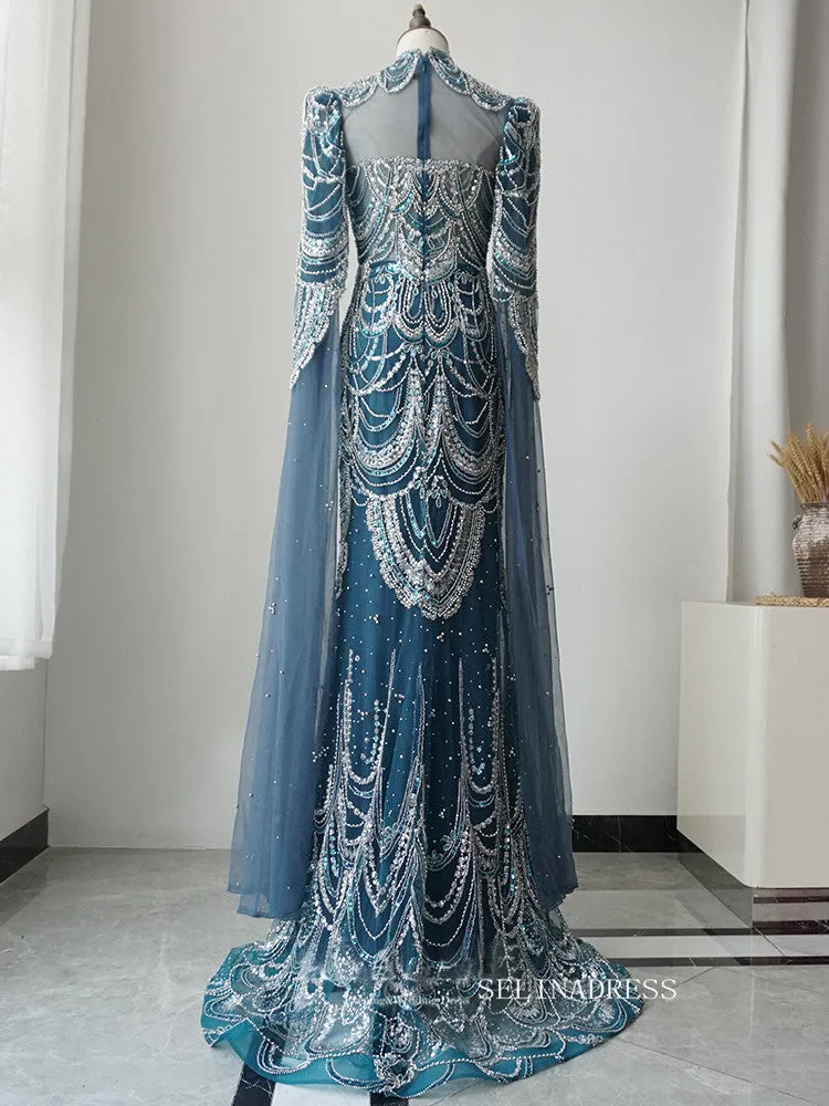 Gorgeous High Neck Long Sleeve Luxury Long Prom Dress Blue Beaded Evening Dress Formal Gown FUE018