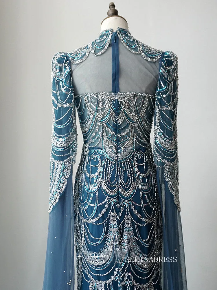 Gorgeous High Neck Long Sleeve Luxury Long Prom Dress Blue Beaded Evening Dress Formal Gown FUE018