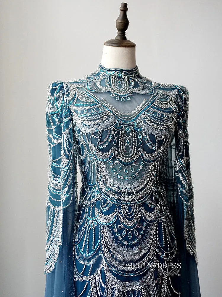 Gorgeous High Neck Long Sleeve Luxury Long Prom Dress Blue Beaded Evening Dress Formal Gown FUE018