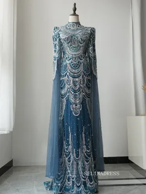 Gorgeous High Neck Long Sleeve Luxury Long Prom Dress Blue Beaded Evening Dress Formal Gown FUE018