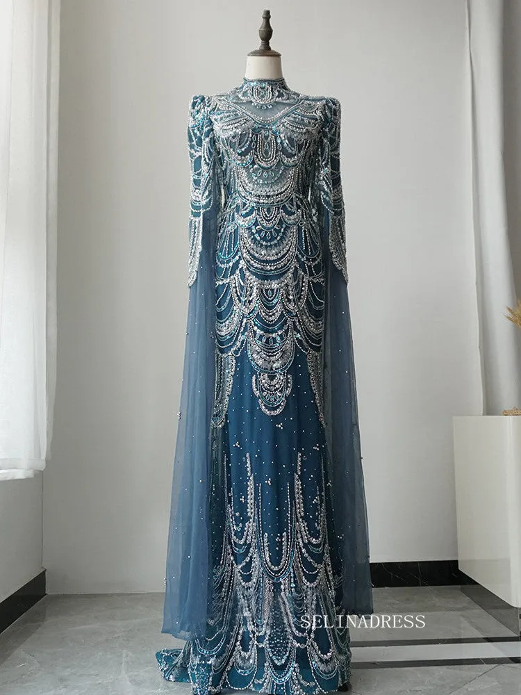 Gorgeous High Neck Long Sleeve Luxury Long Prom Dress Blue Beaded Evening Dress Formal Gown FUE018