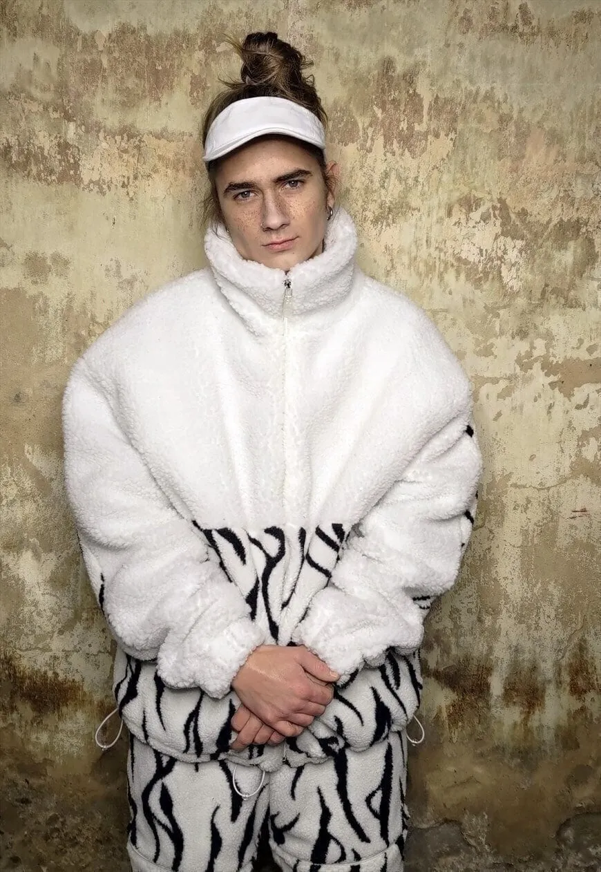 Grunge fleece bomber handmade Gothic zebra jacket in white