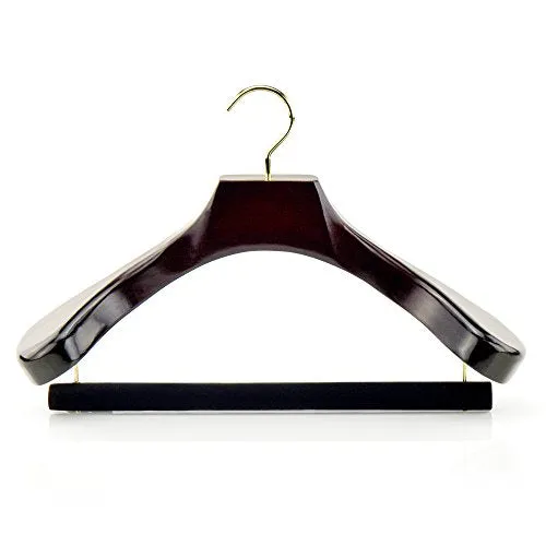 HANGERWORLD 5 Dark Wooden 17inch Heavy Duty Broad Suit Coat Clothes Hangers with Velvet Gilt Pants Bar