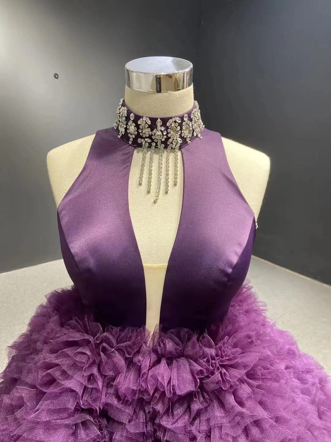 High Low Grape Layered Ball Gown High Neck Wedding Dress RSM67507