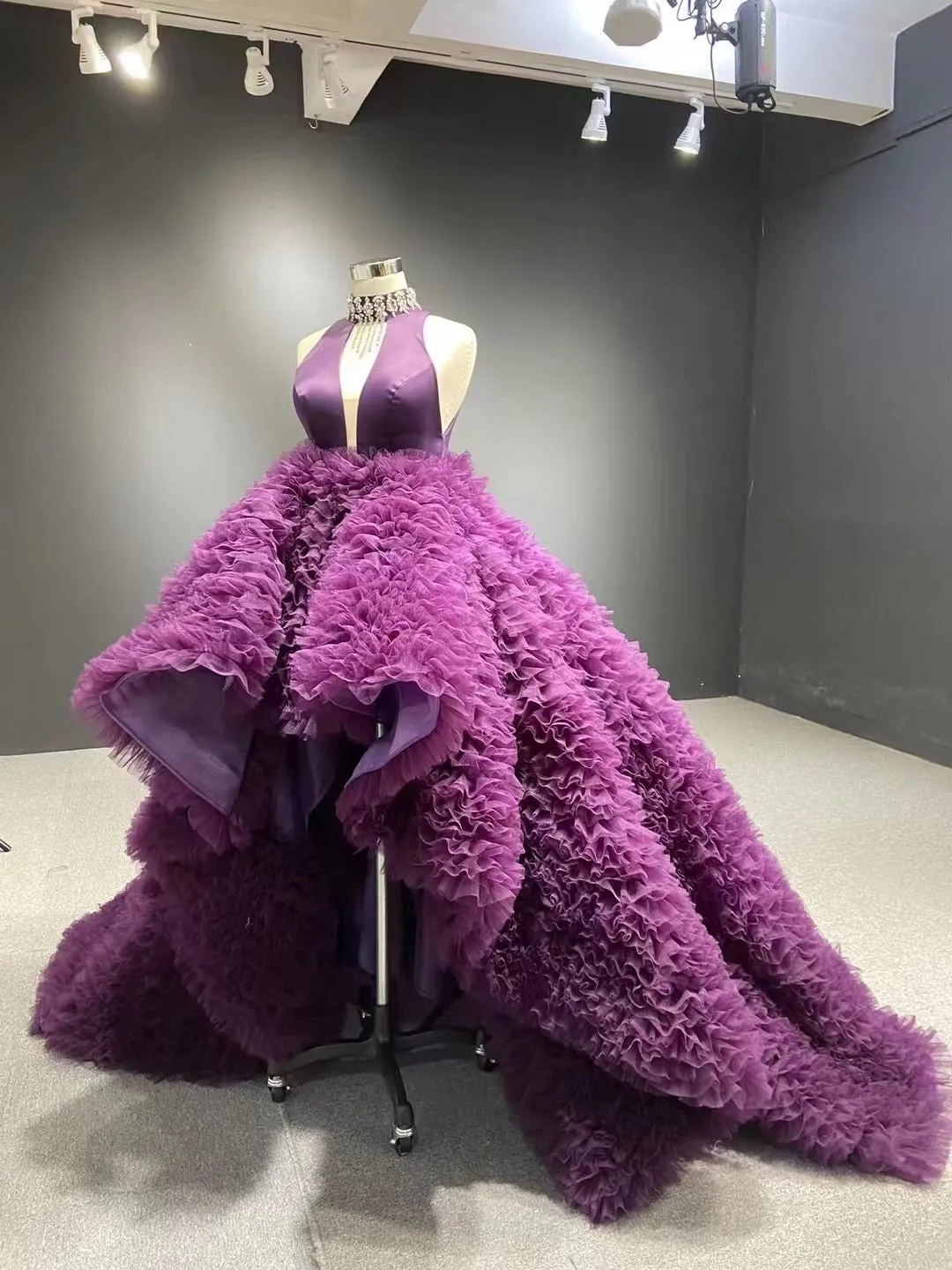 High Low Grape Layered Ball Gown High Neck Wedding Dress RSM67507