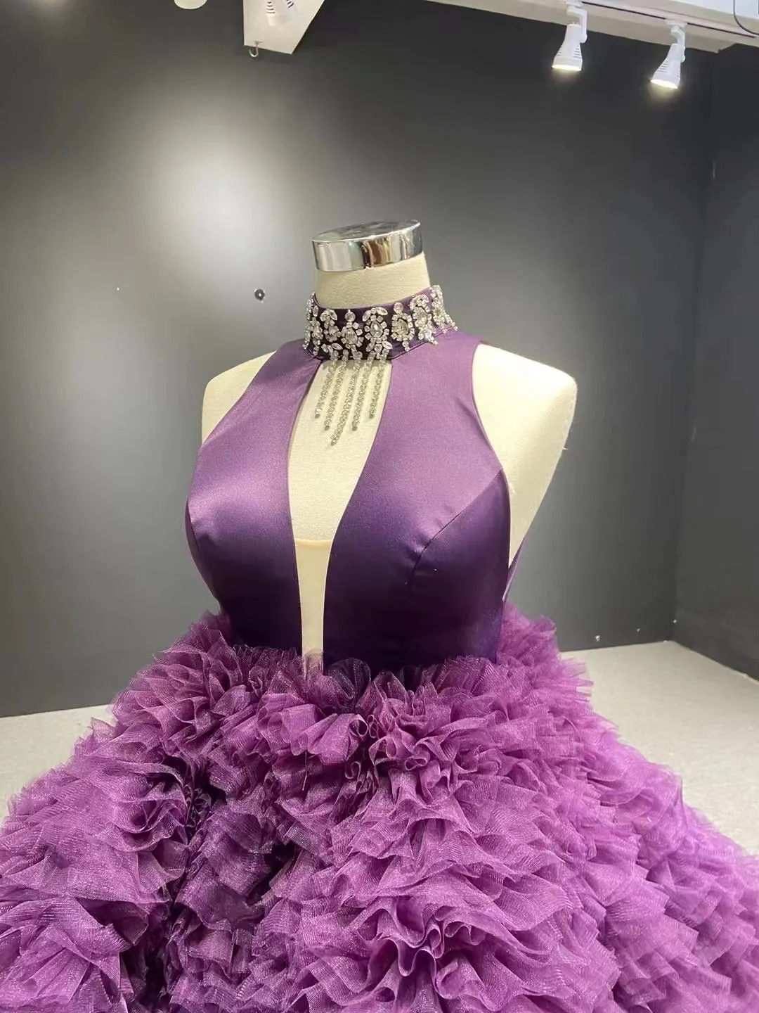 High Low Grape Layered Ball Gown High Neck Wedding Dress RSM67507