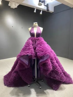 High Low Grape Layered Ball Gown High Neck Wedding Dress RSM67507