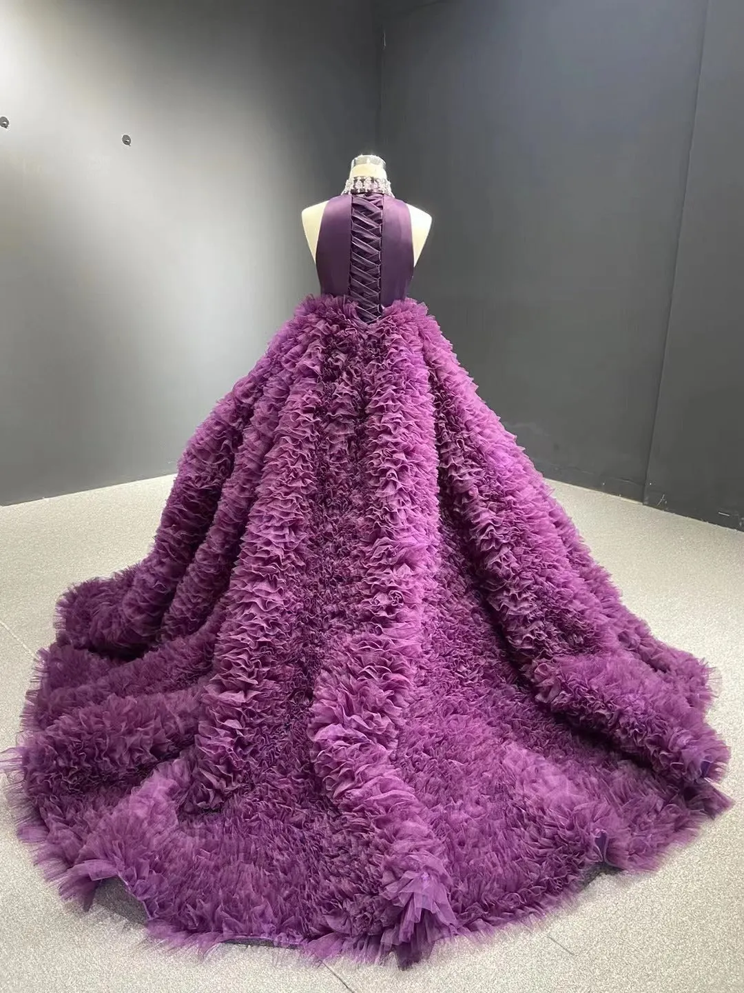 High Low Grape Layered Ball Gown High Neck Wedding Dress RSM67507