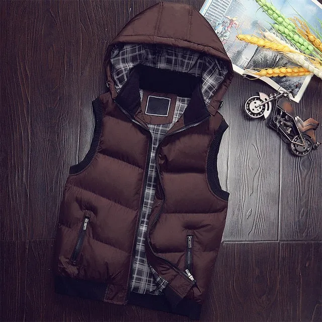 Hooded Vest Men Hat Detachable Sleeveless Jackets