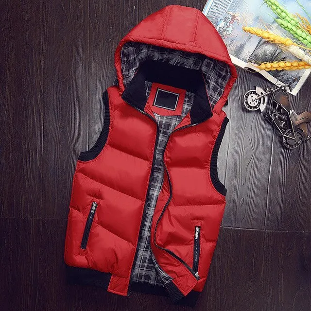 Hooded Vest Men Hat Detachable Sleeveless Jackets