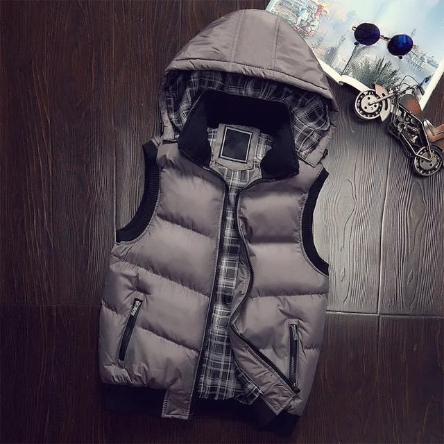 Hooded Vest Men Hat Detachable Sleeveless Jackets