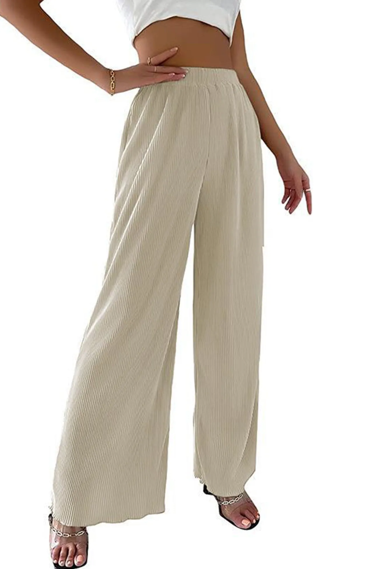 Ivyshape | Casual Elastic Waist Wide Leg Long Pants