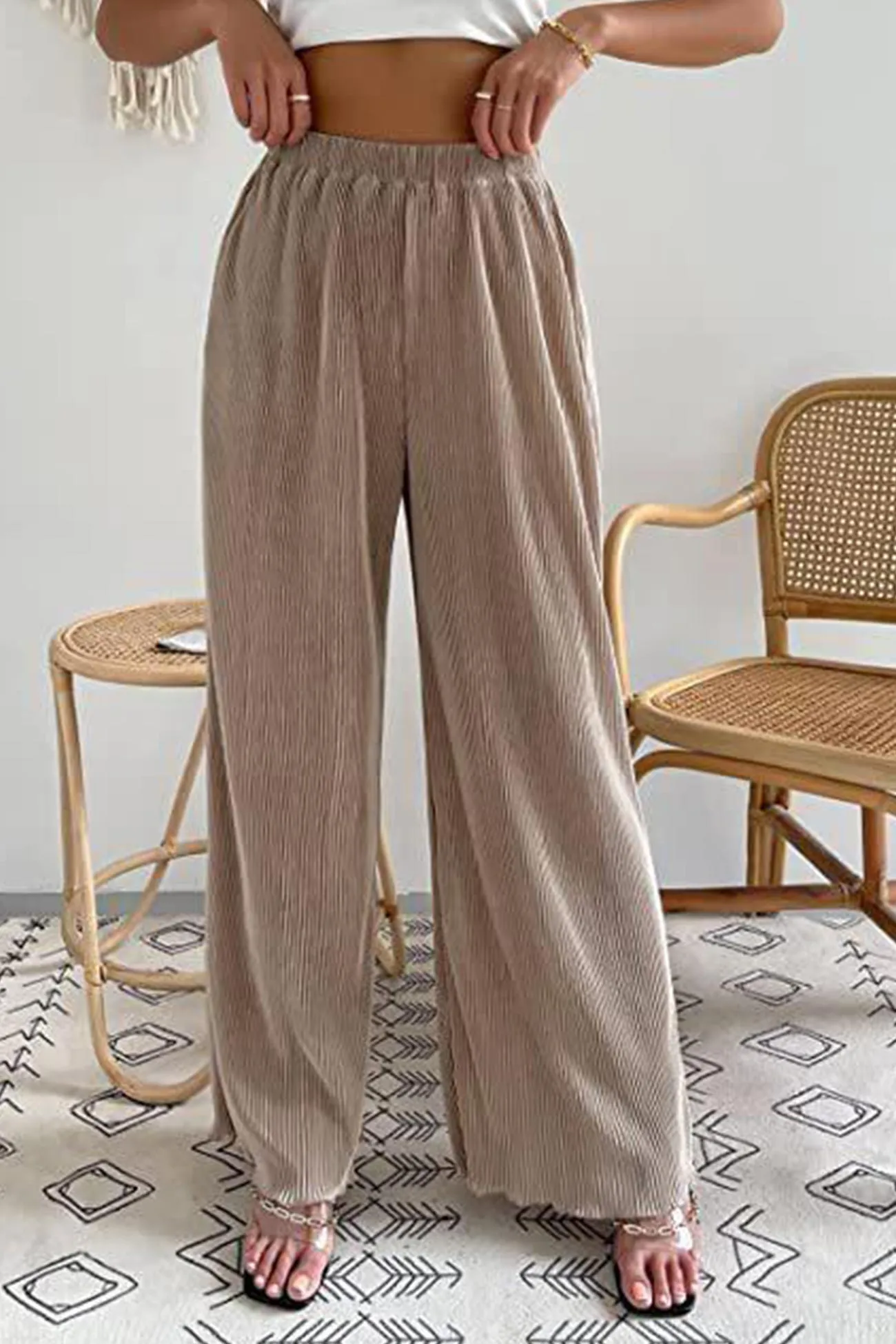 Ivyshape | Casual Elastic Waist Wide Leg Long Pants