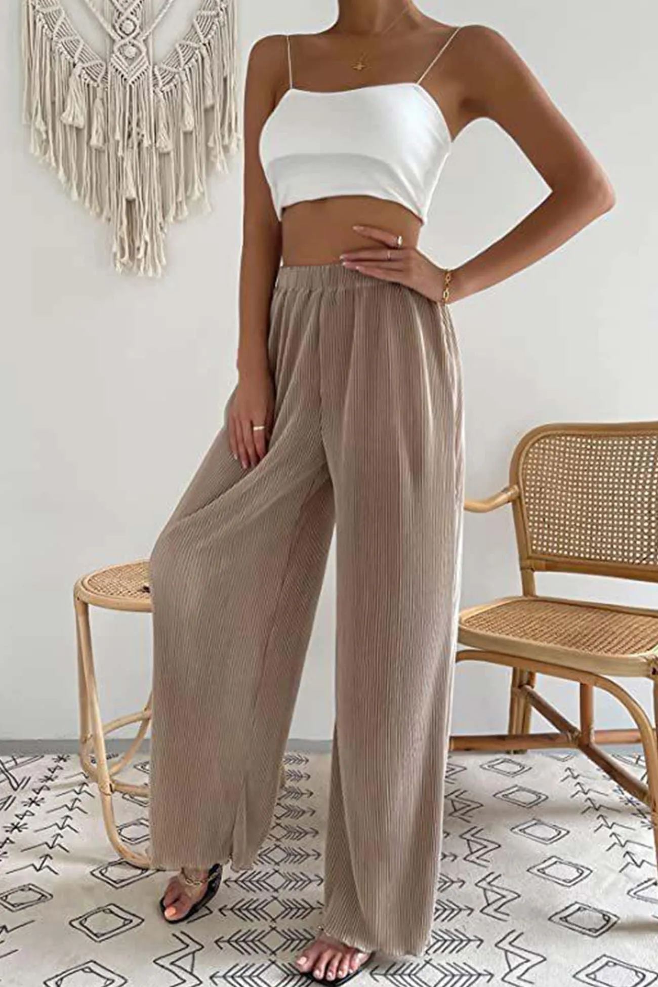 Ivyshape | Casual Elastic Waist Wide Leg Long Pants
