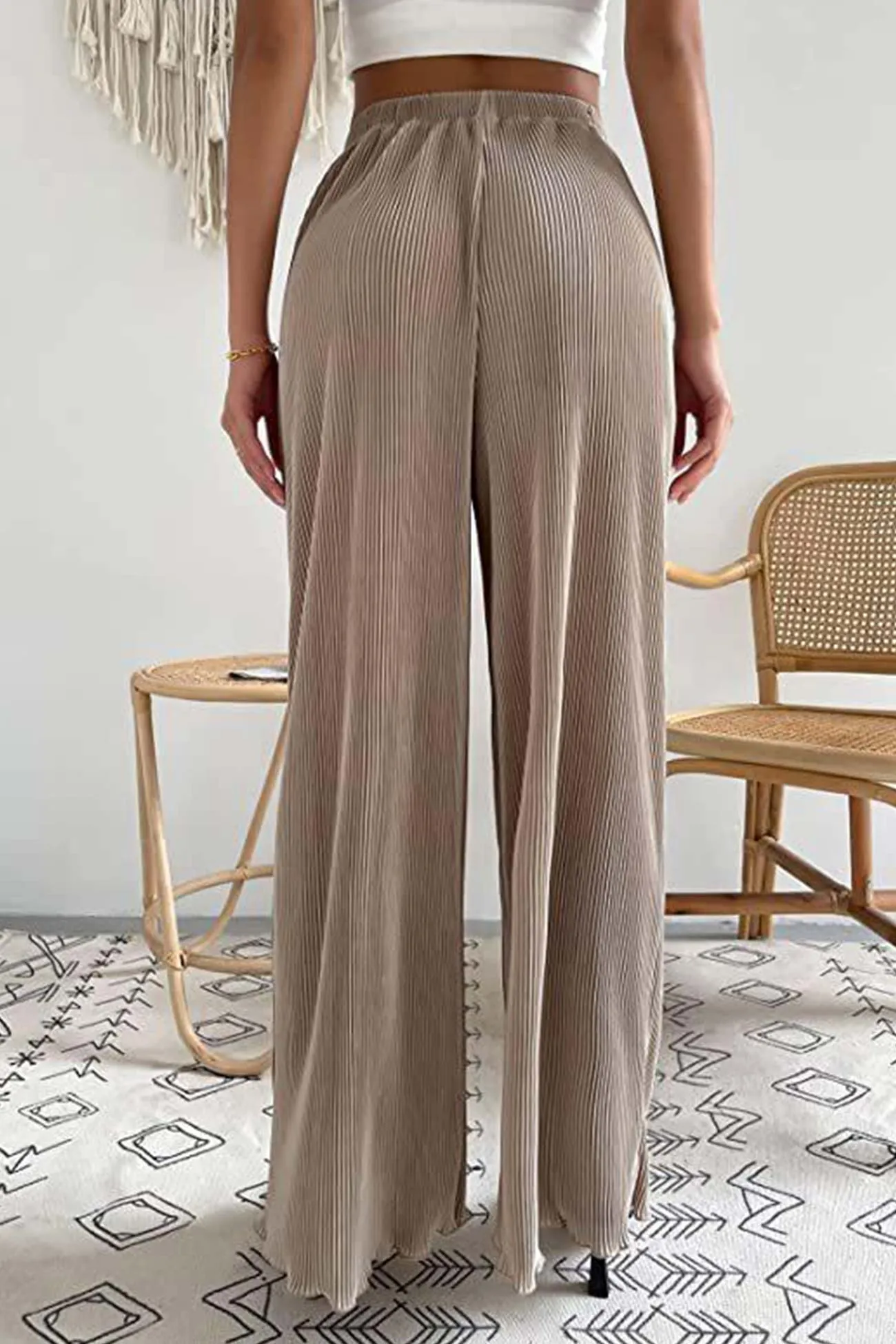 Ivyshape | Casual Elastic Waist Wide Leg Long Pants