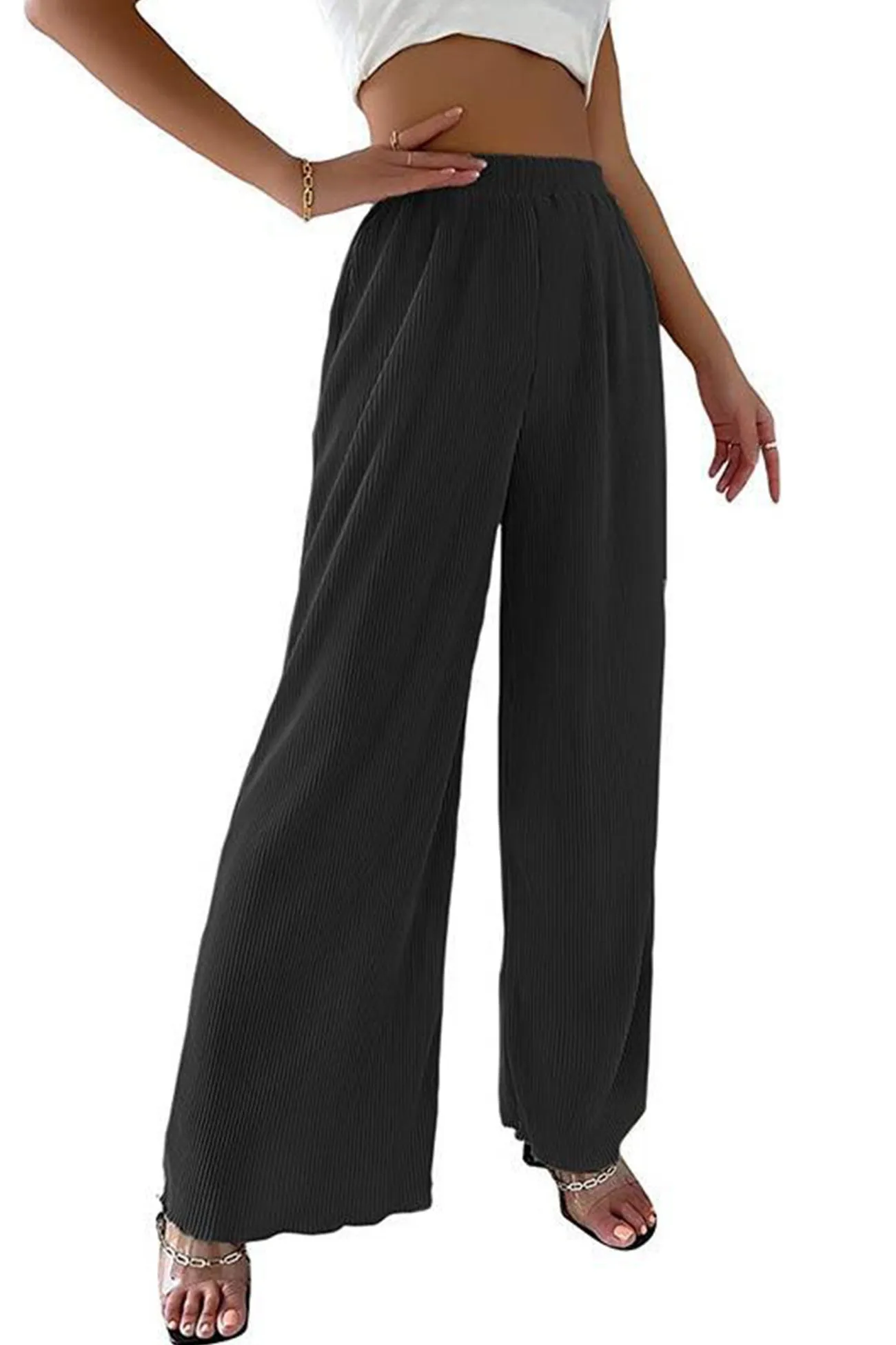 Ivyshape | Casual Elastic Waist Wide Leg Long Pants