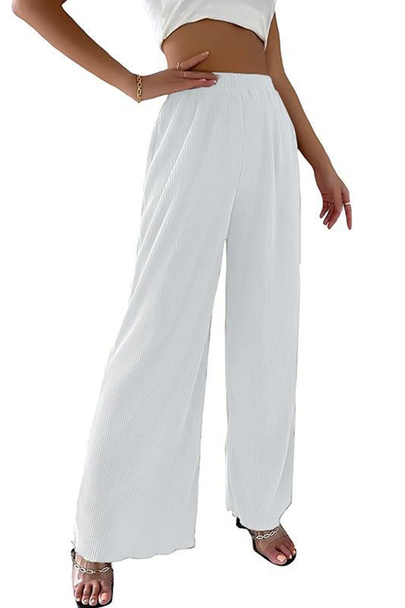 Ivyshape | Casual Elastic Waist Wide Leg Long Pants