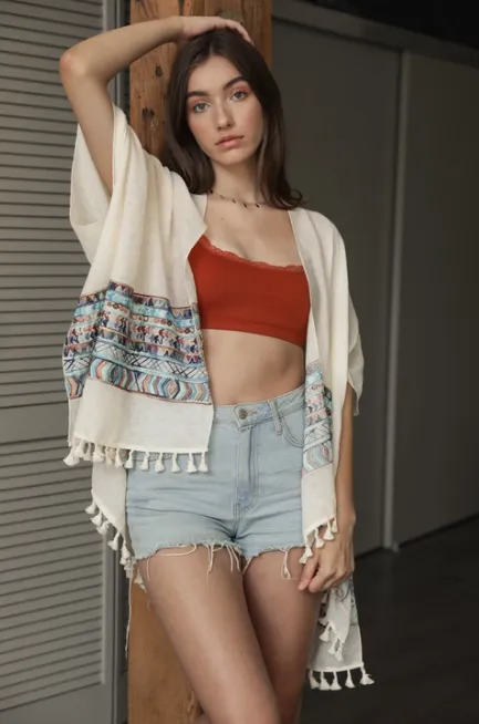 Kimono Embroidered Trim with Tassels