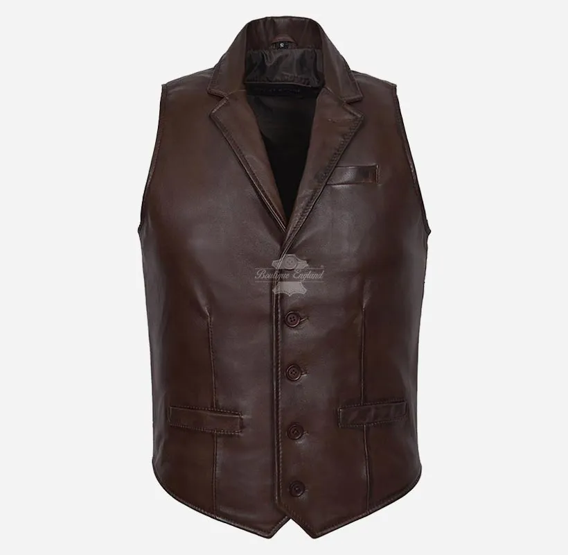 KINGSLEY Men's Leather Waistcoat Lapel Collar Leather Vest