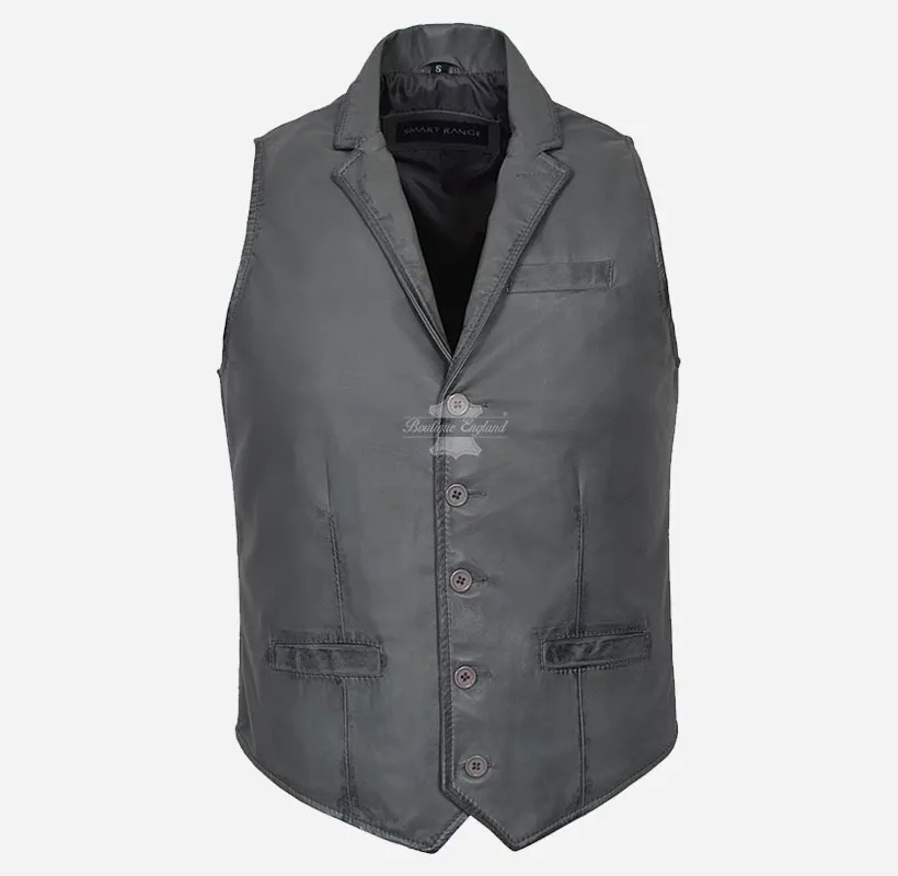 KINGSLEY Men's Leather Waistcoat Lapel Collar Leather Vest