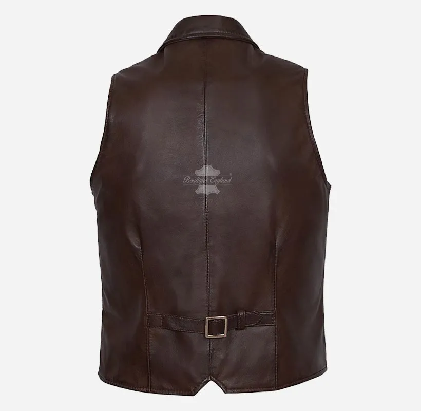 KINGSLEY Men's Leather Waistcoat Lapel Collar Leather Vest