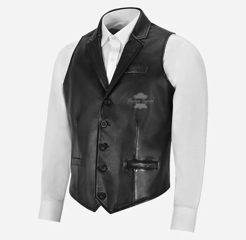 KINGSLEY Men's Leather Waistcoat Lapel Collar Leather Vest