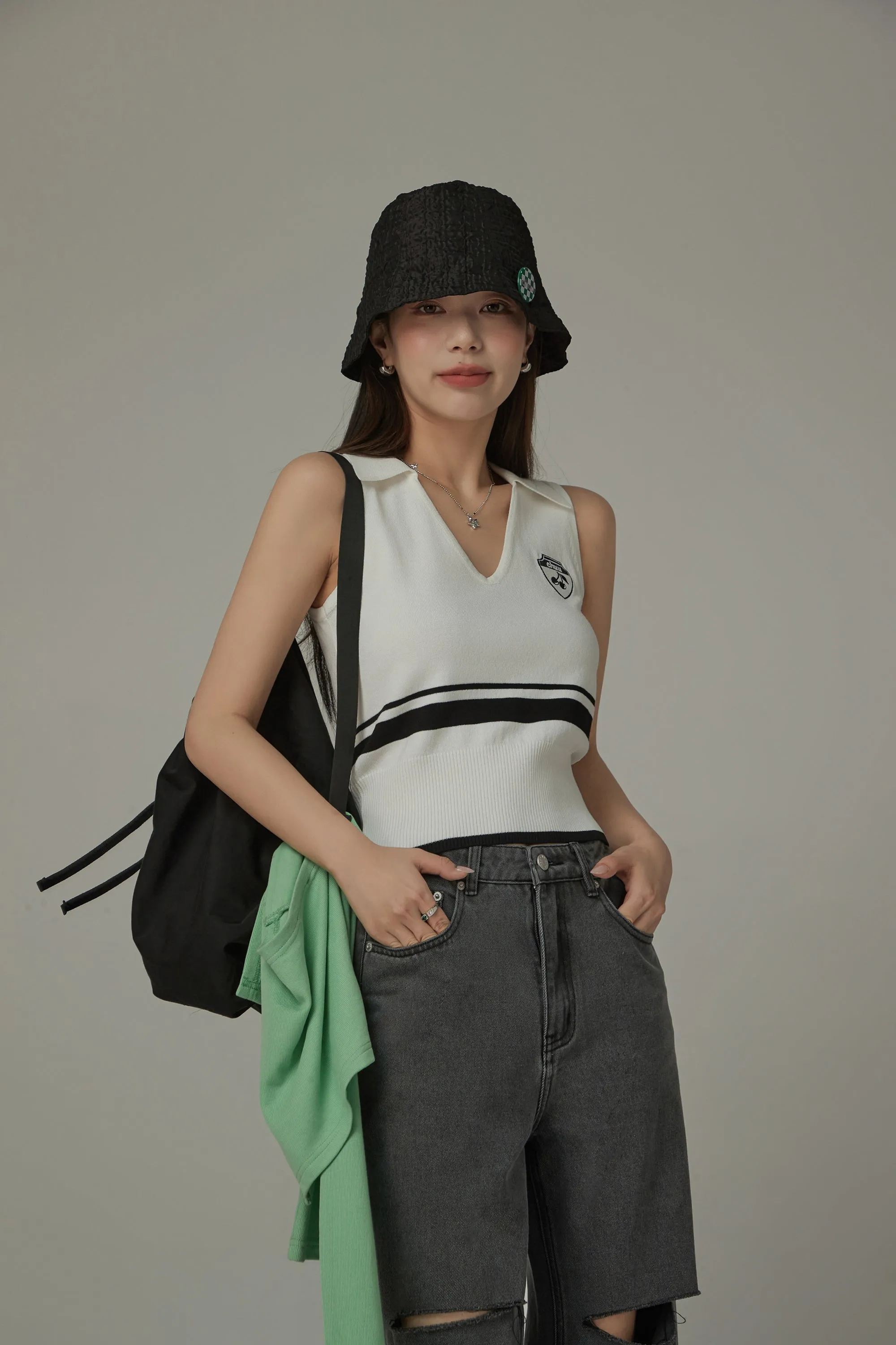 Knit Colorblock Open Collar Sleeveless Vest