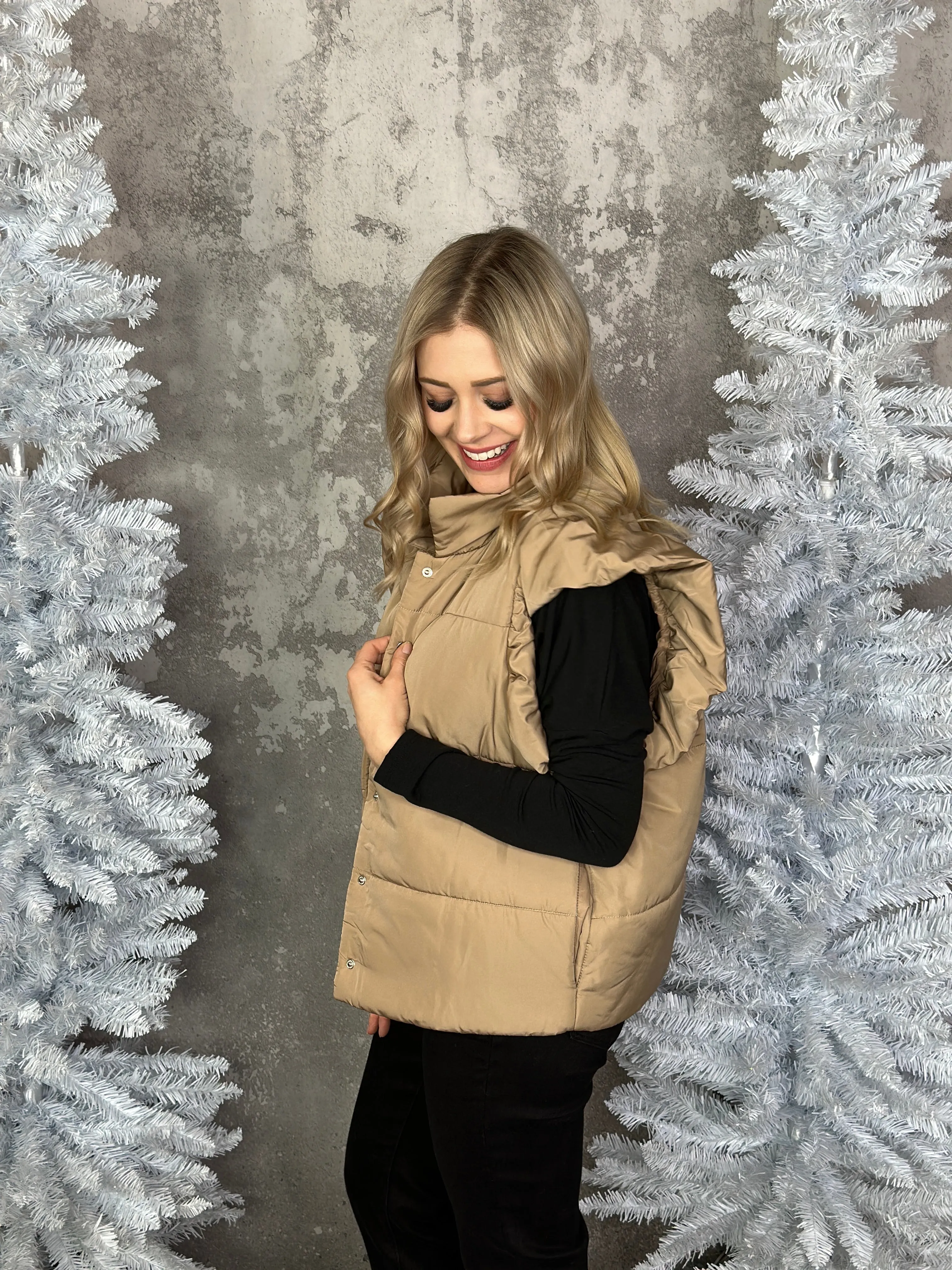 Light Camel Ruffle Sleeve Puffer Vest (Small - 3X) - FINAL SALE