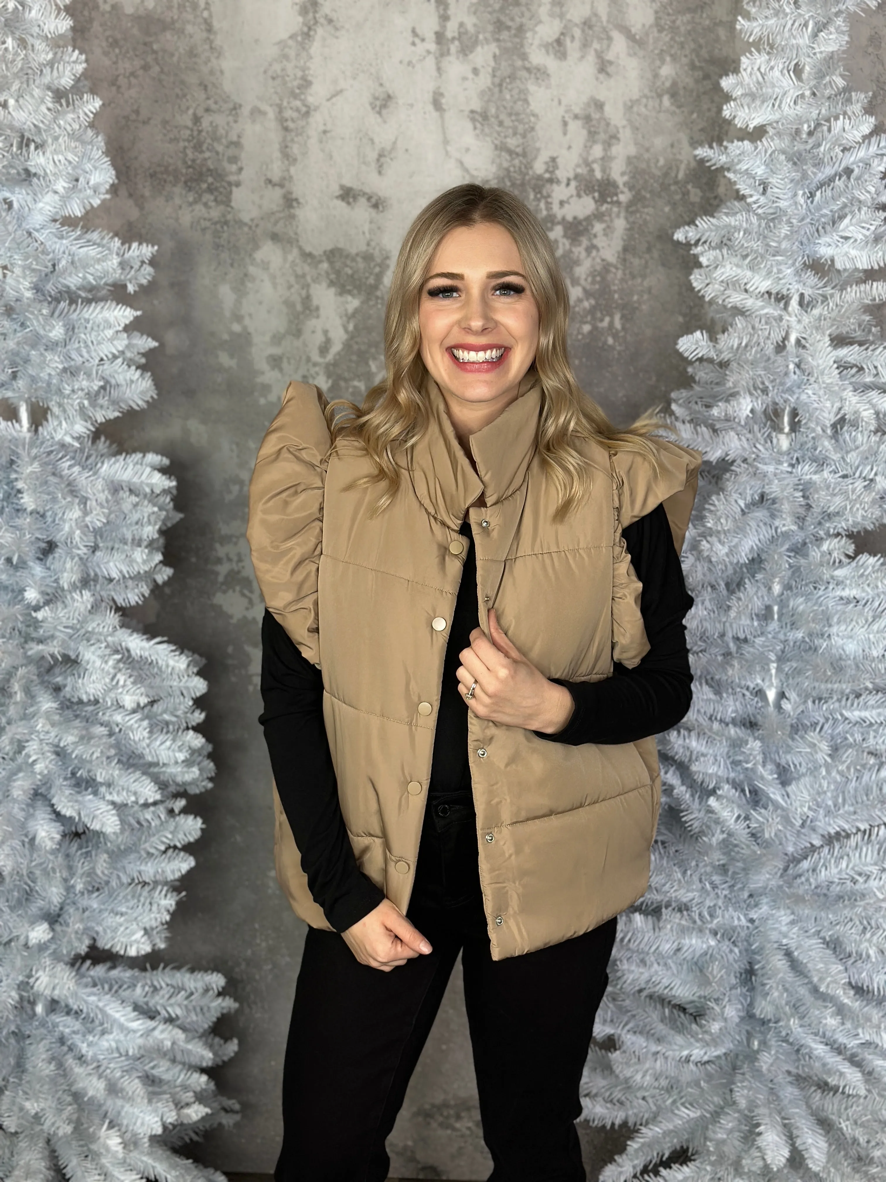 Light Camel Ruffle Sleeve Puffer Vest (Small - 3X) - FINAL SALE