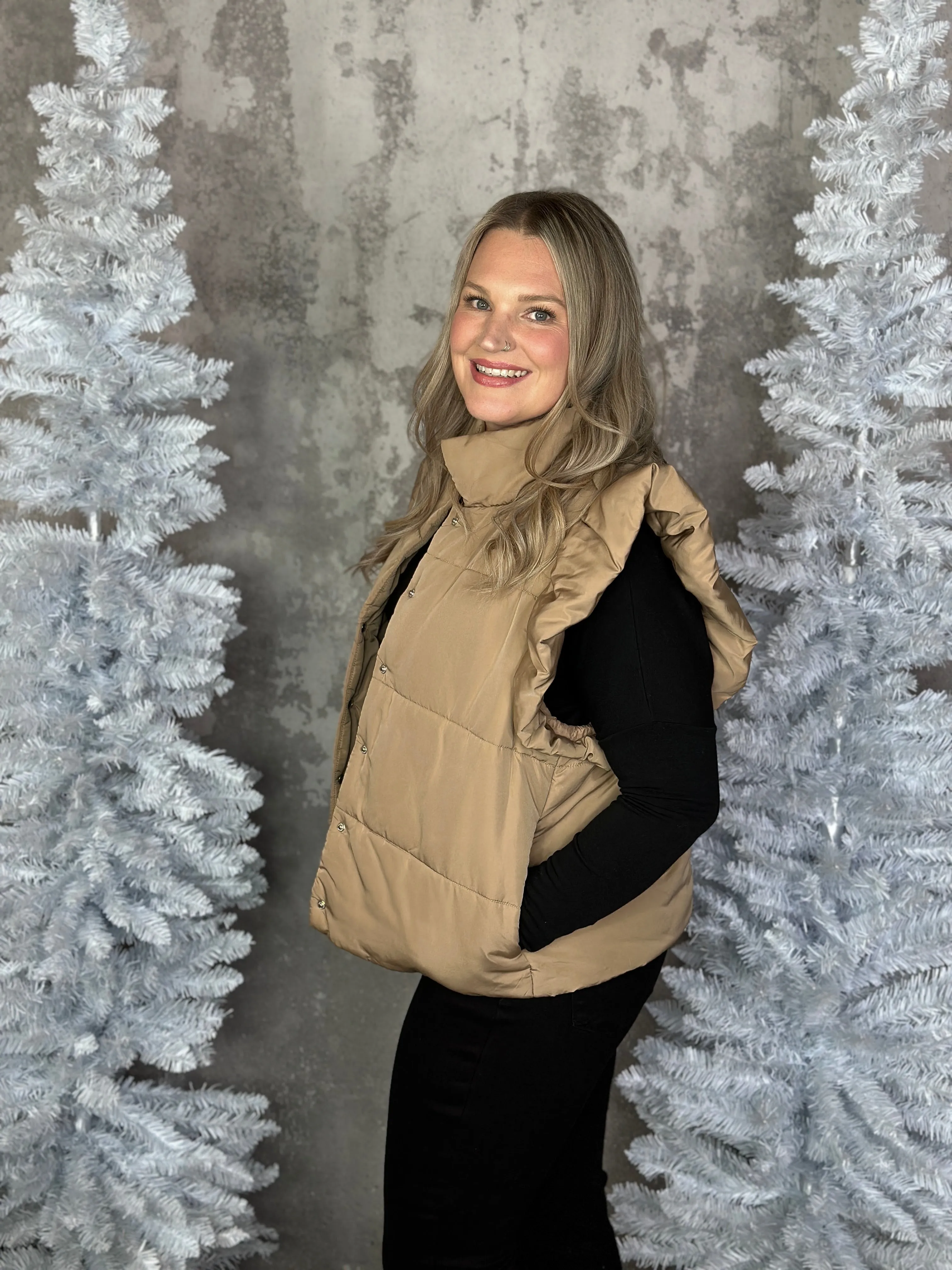 Light Camel Ruffle Sleeve Puffer Vest (Small - 3X) - FINAL SALE