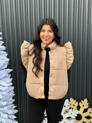 Light Camel Ruffle Sleeve Puffer Vest (Small - 3X) - FINAL SALE