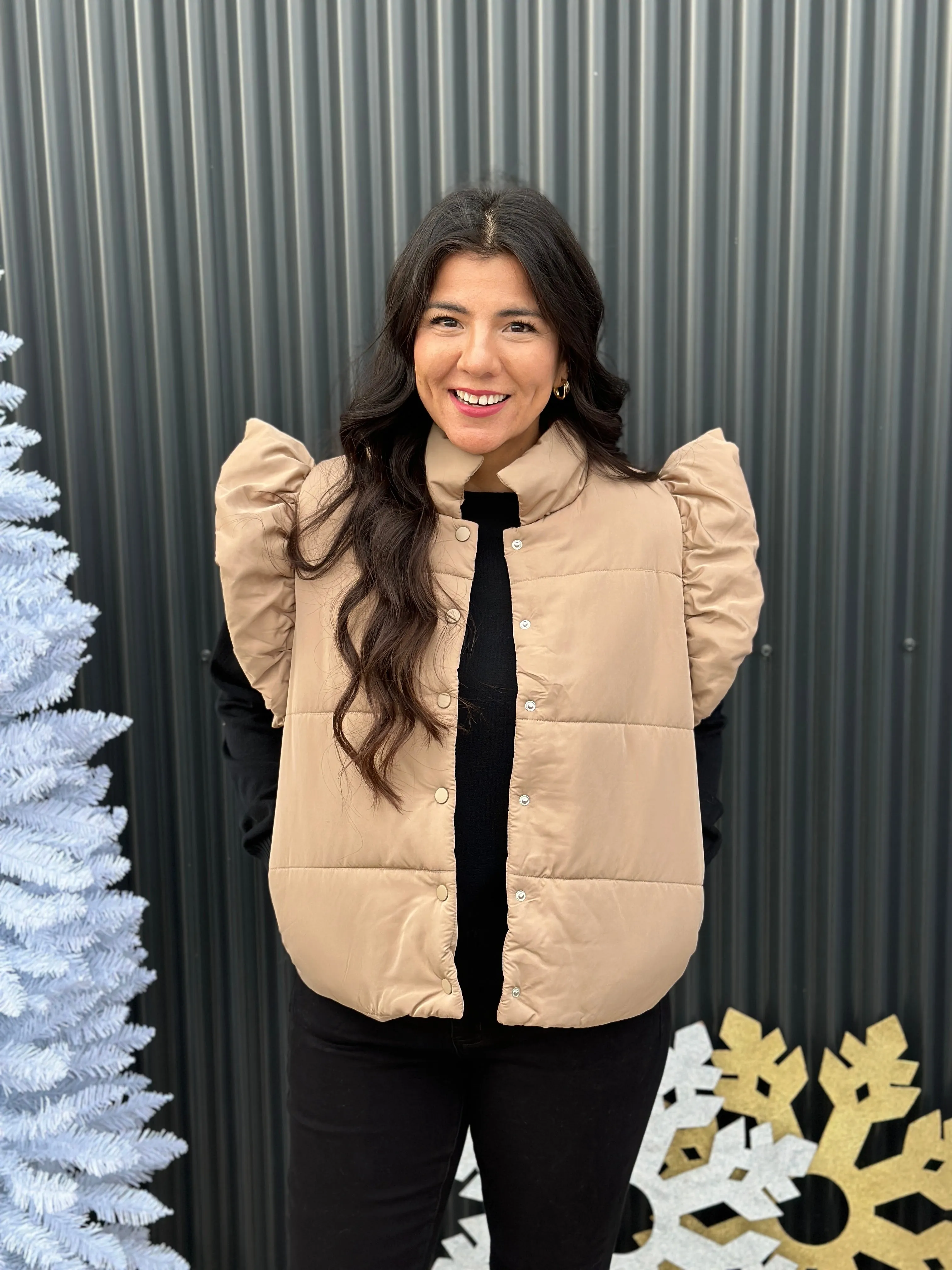 Light Camel Ruffle Sleeve Puffer Vest (Small - 3X) - FINAL SALE