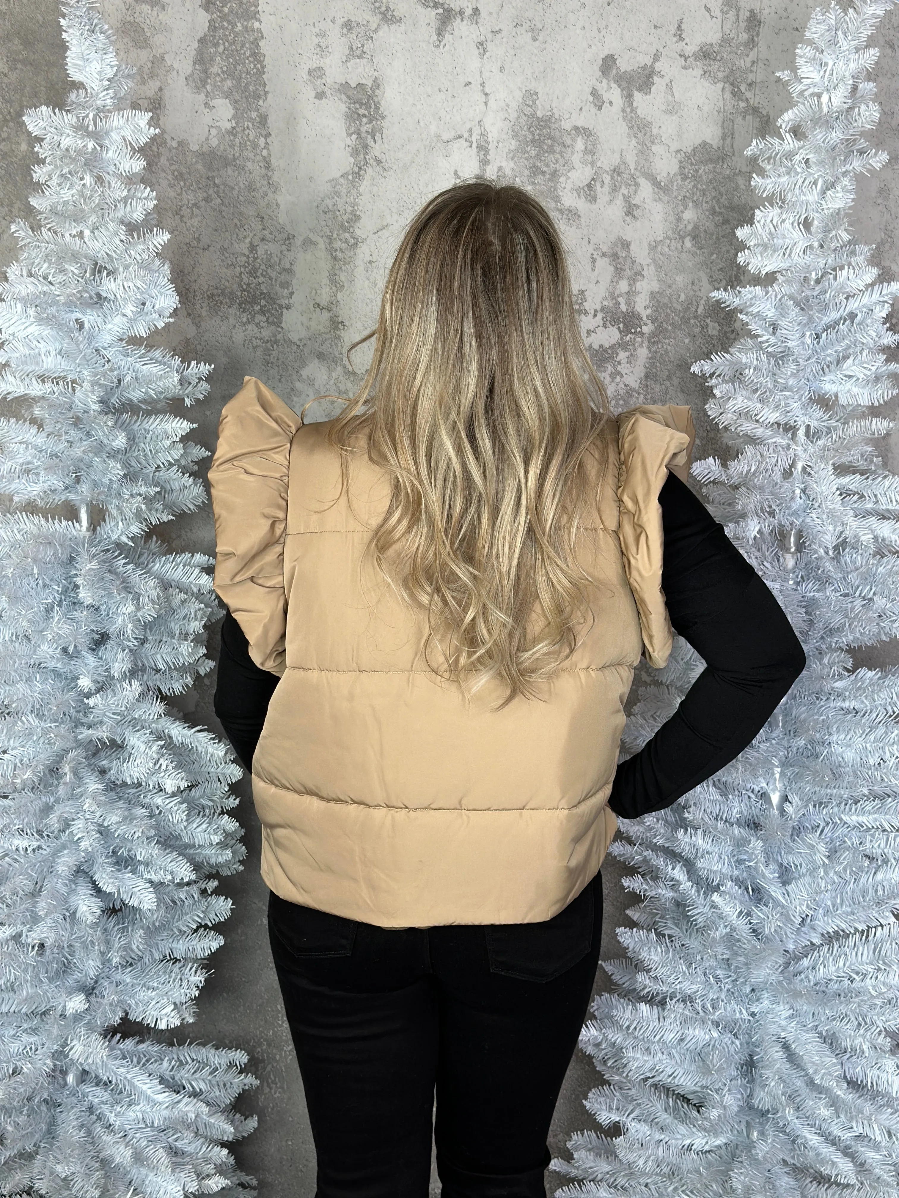 Light Camel Ruffle Sleeve Puffer Vest (Small - 3X) - FINAL SALE