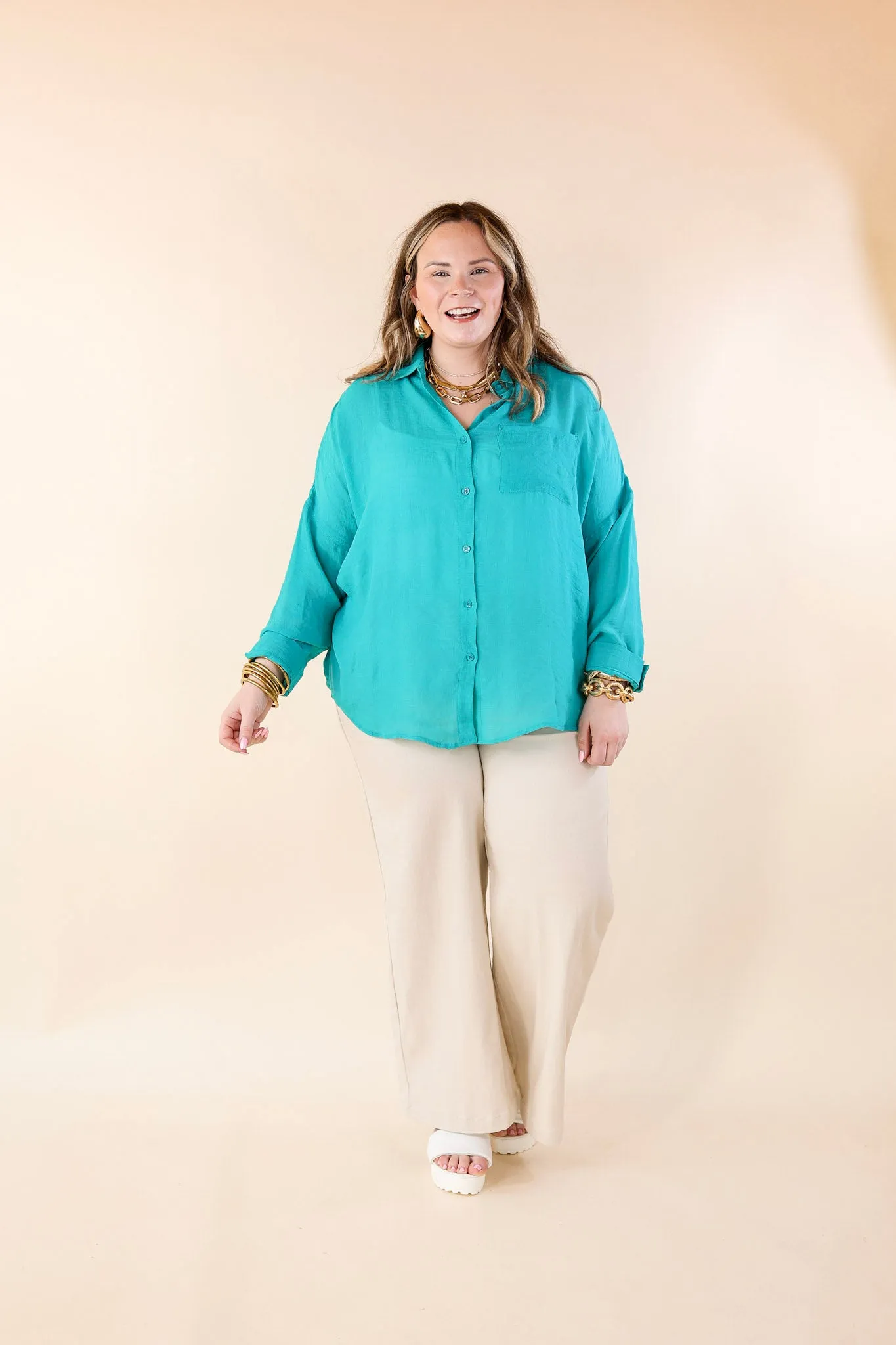 Look on the Bright Side Button Up Long Sleeve in Turquoise Blue