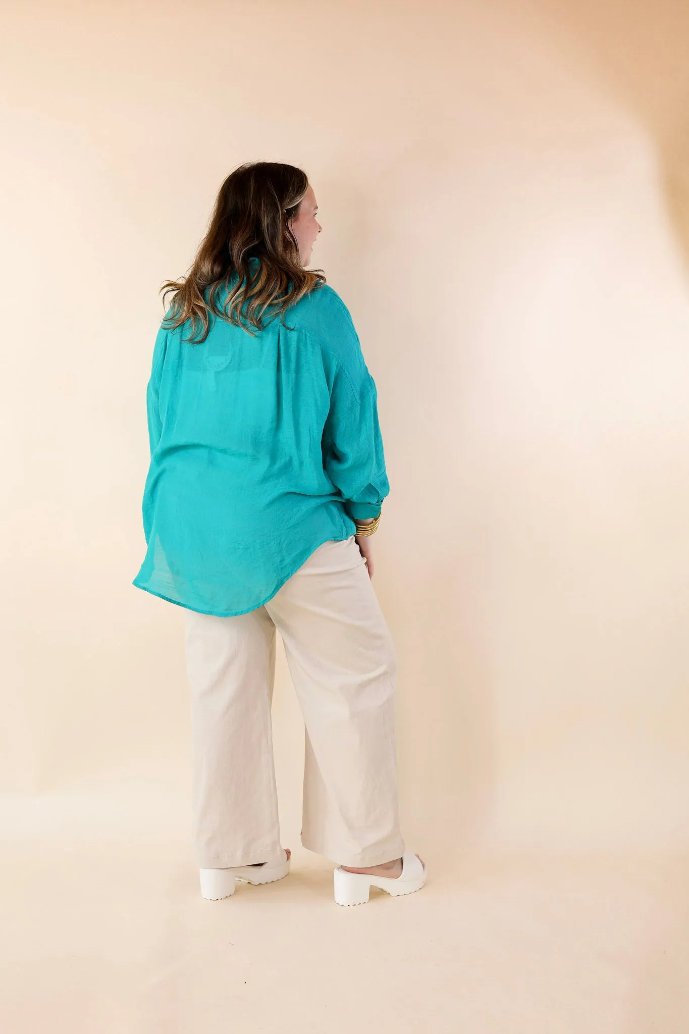 Look on the Bright Side Button Up Long Sleeve in Turquoise Blue