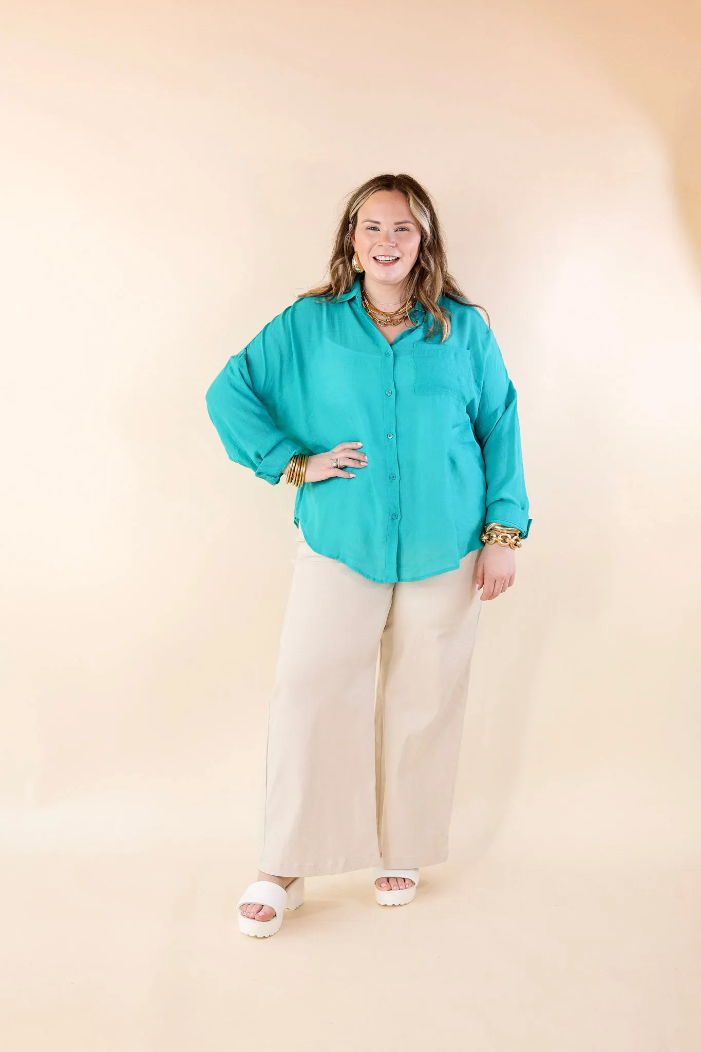 Look on the Bright Side Button Up Long Sleeve in Turquoise Blue