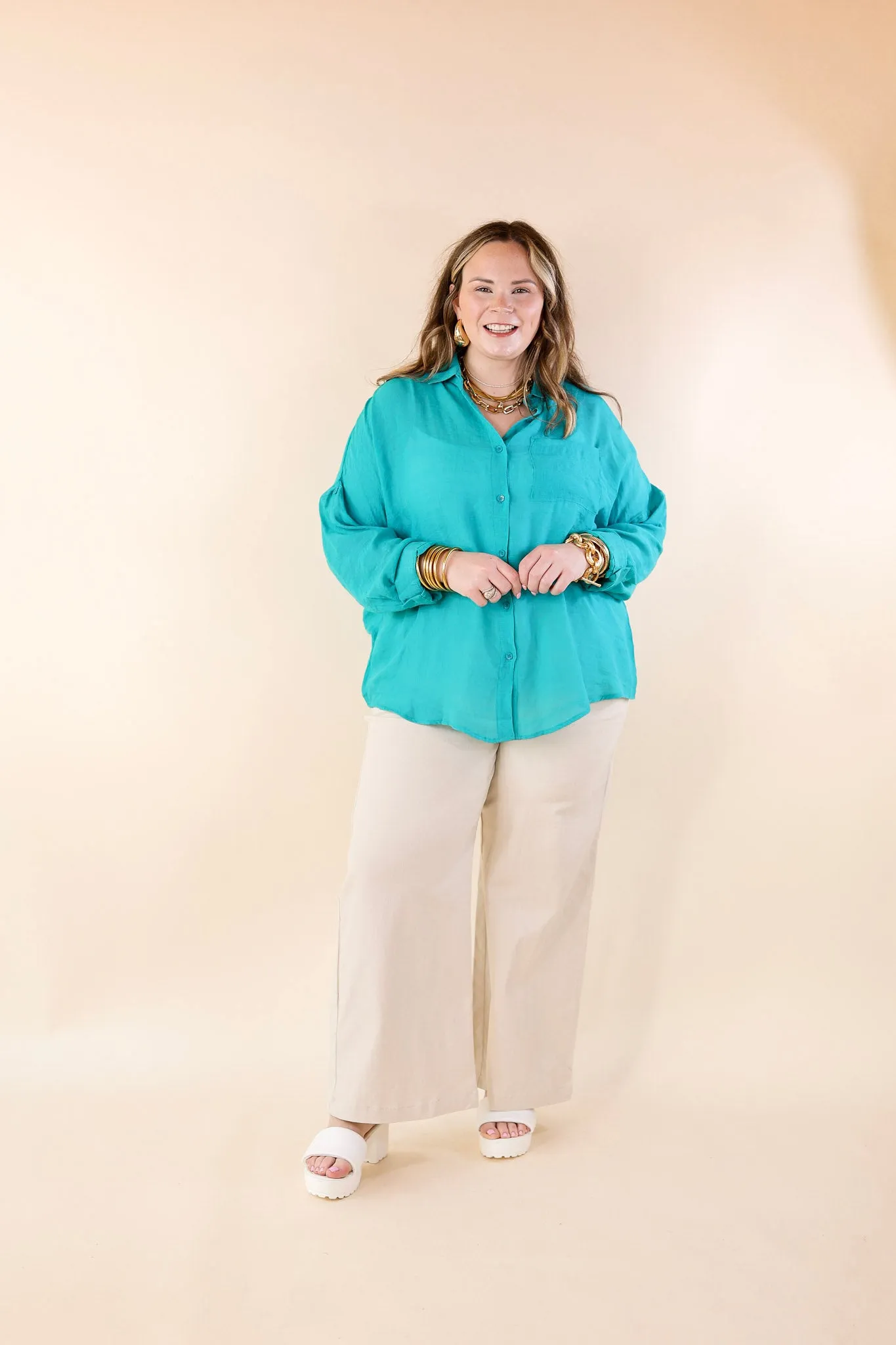 Look on the Bright Side Button Up Long Sleeve in Turquoise Blue