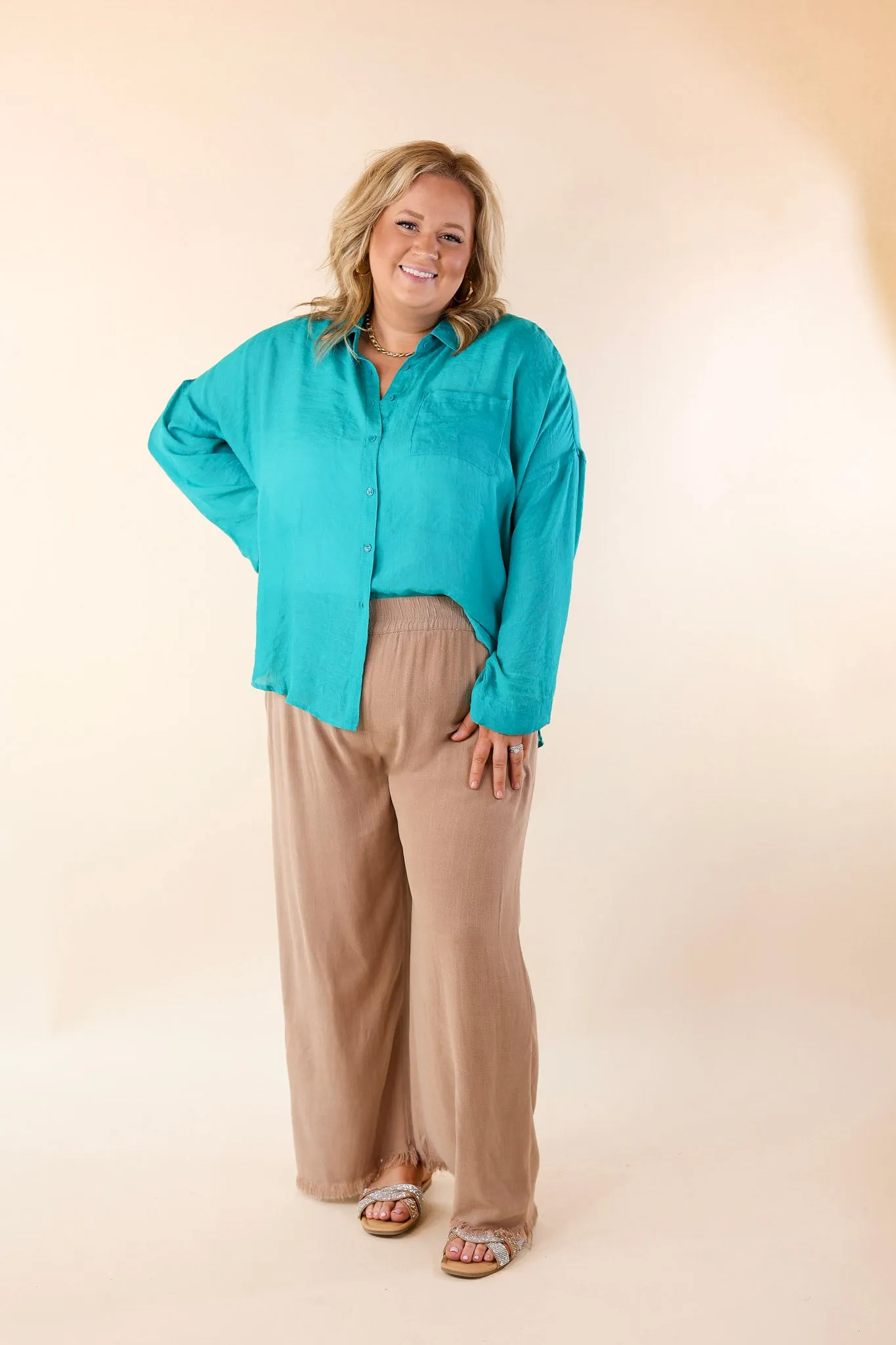 Look on the Bright Side Button Up Long Sleeve in Turquoise Blue