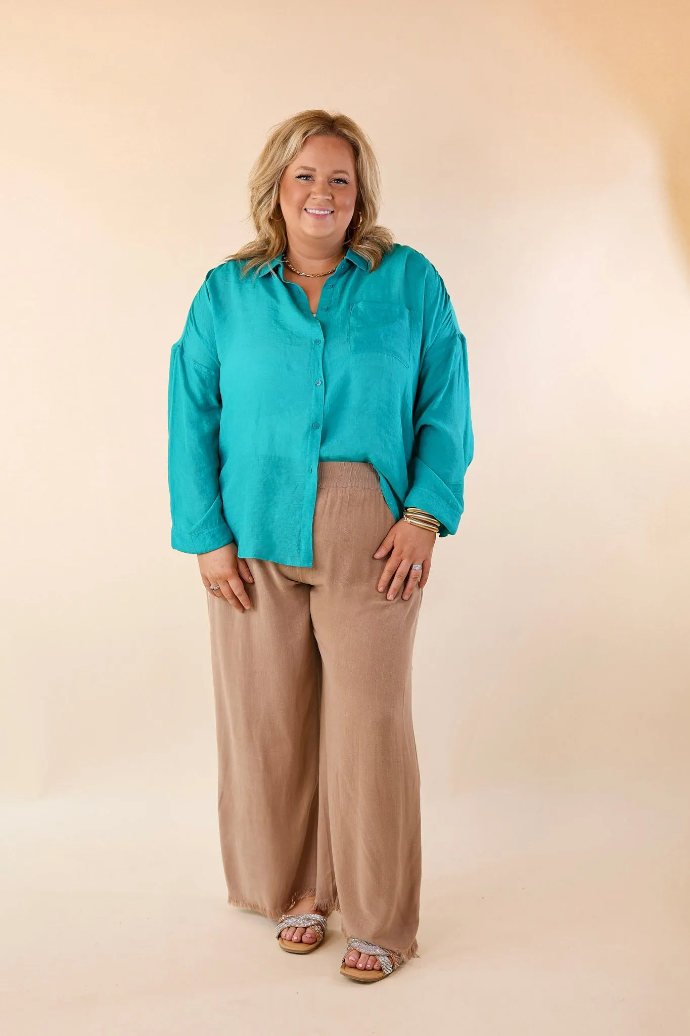 Look on the Bright Side Button Up Long Sleeve in Turquoise Blue
