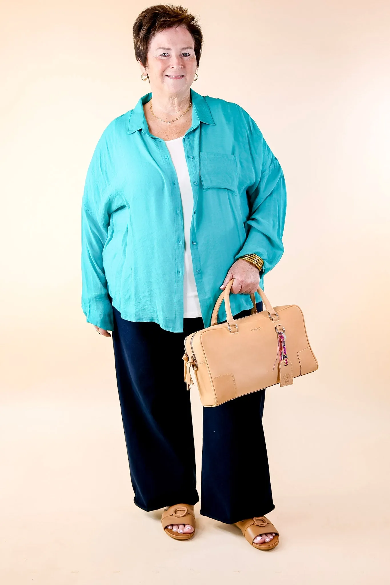 Look on the Bright Side Button Up Long Sleeve in Turquoise Blue