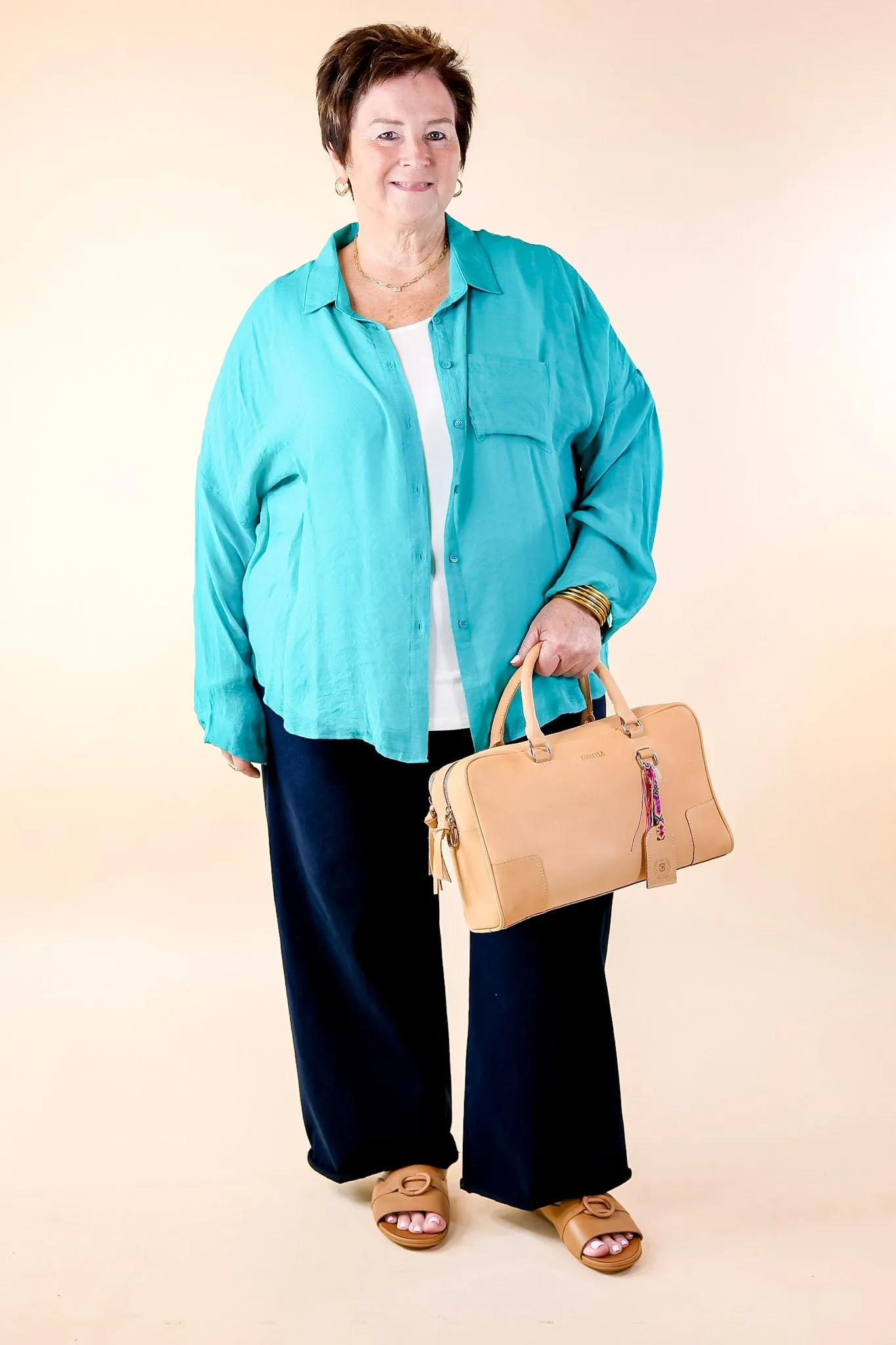 Look on the Bright Side Button Up Long Sleeve in Turquoise Blue