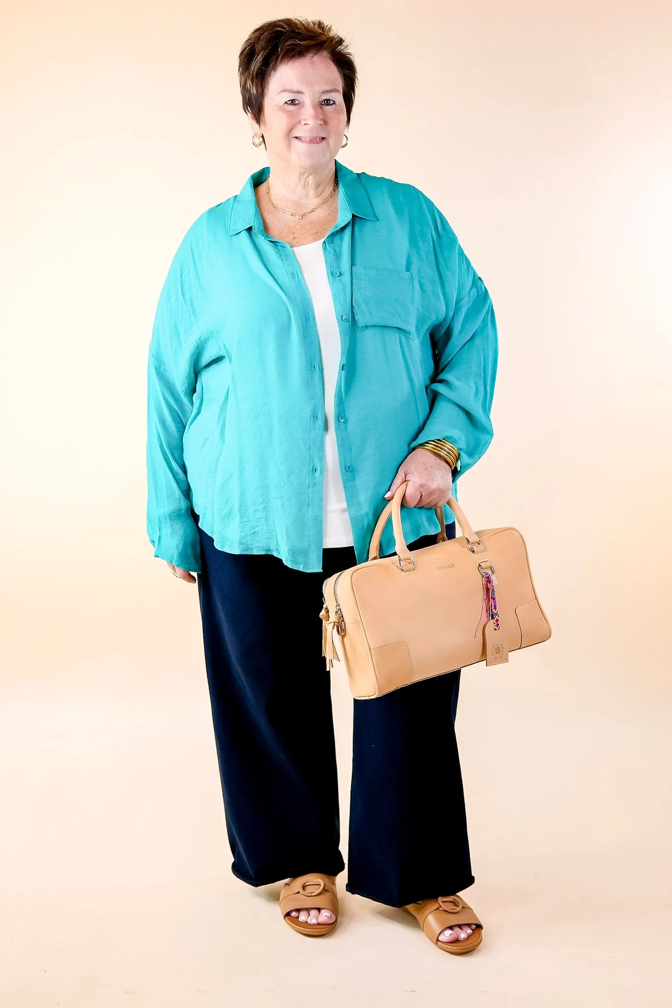 Look on the Bright Side Button Up Long Sleeve in Turquoise Blue