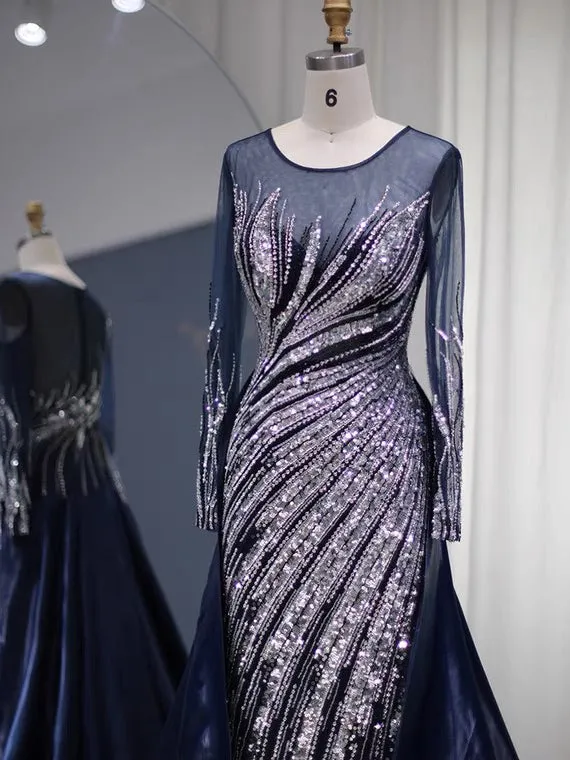 Luxury Mermaid Long Sleeve Prom Dress Beaded Evening Gowns #OPS008