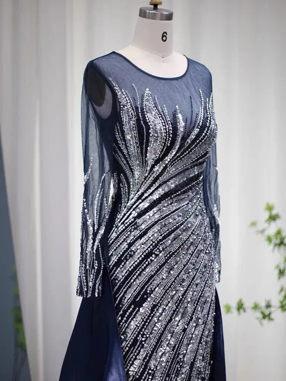 Luxury Mermaid Long Sleeve Prom Dress Beaded Evening Gowns #OPS008