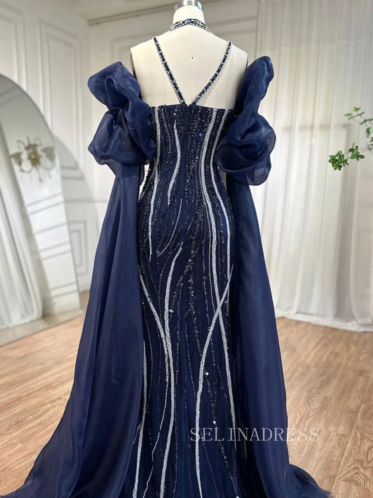 Luxury Mermaid Off-the-shoulder Puff Sleeve Evening Gowns Beaded Formal Dresses LA72072