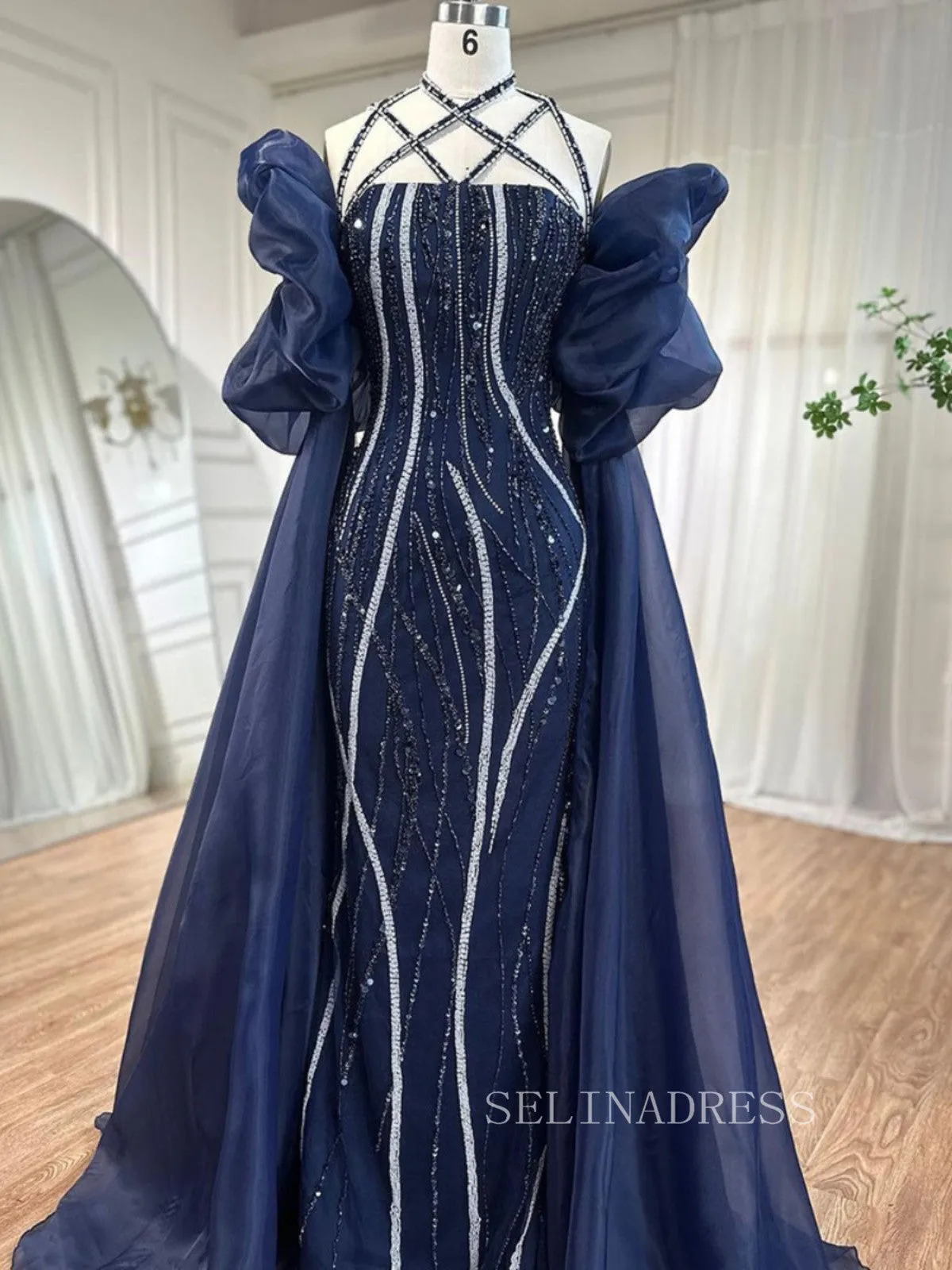 Luxury Mermaid Off-the-shoulder Puff Sleeve Evening Gowns Beaded Formal Dresses LA72072