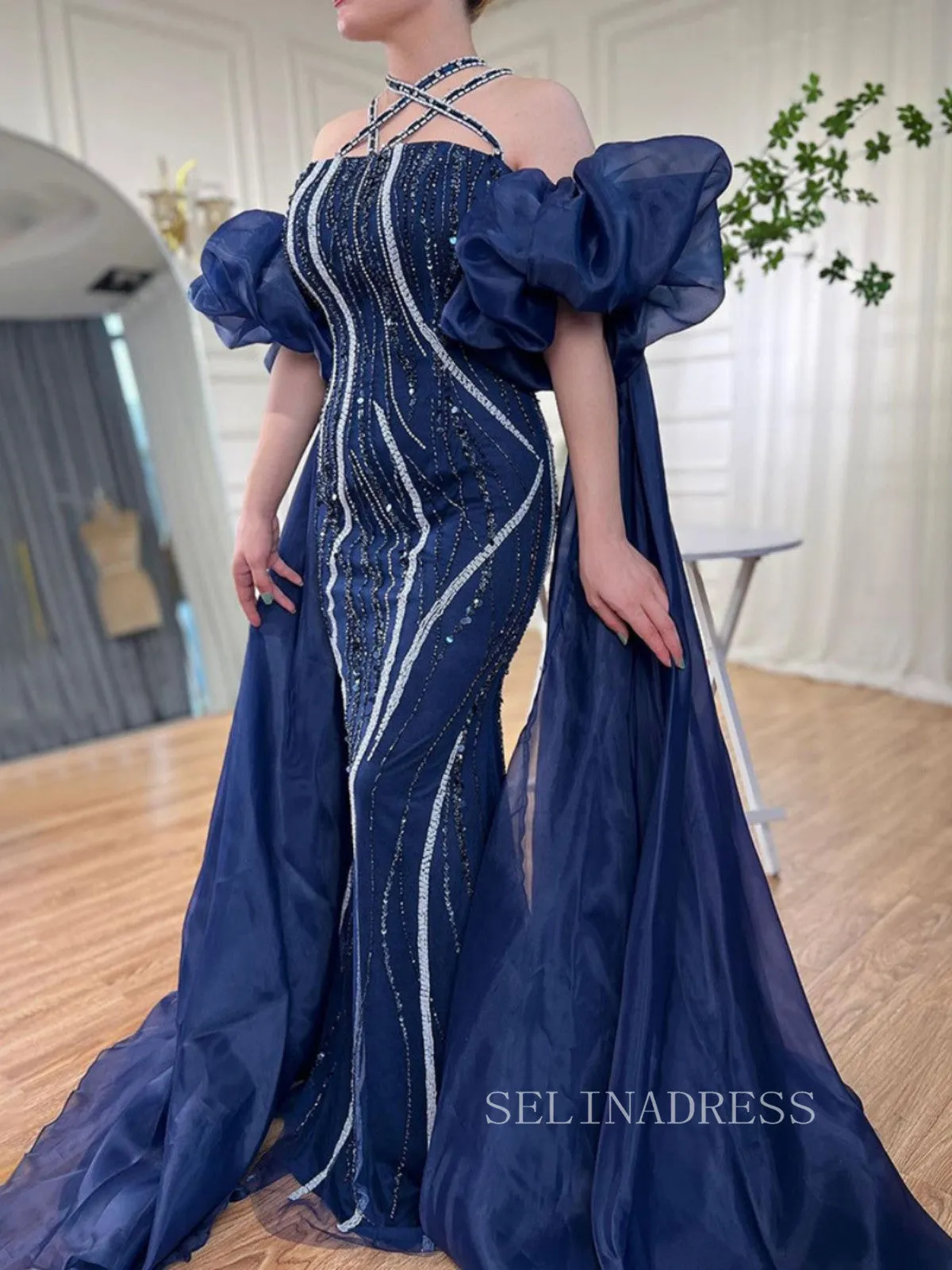 Luxury Mermaid Off-the-shoulder Puff Sleeve Evening Gowns Beaded Formal Dresses LA72072